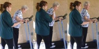 A hip fracture patient walking on a treadmill