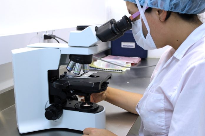 A medical scientist looks through microscope
