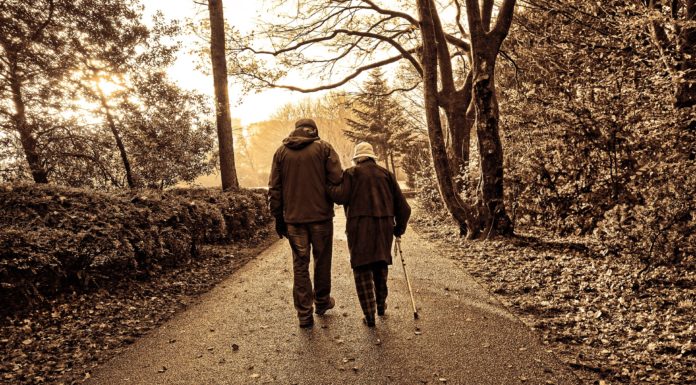 Old couple walking in park