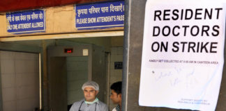 A billboard at hospital declares that doctors on strike