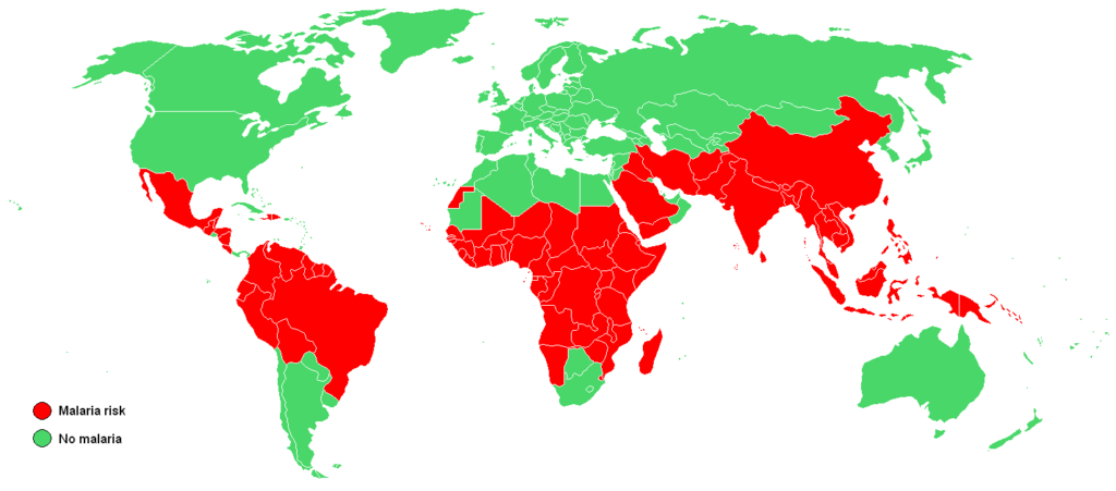 World map showing countries affected by Malaria