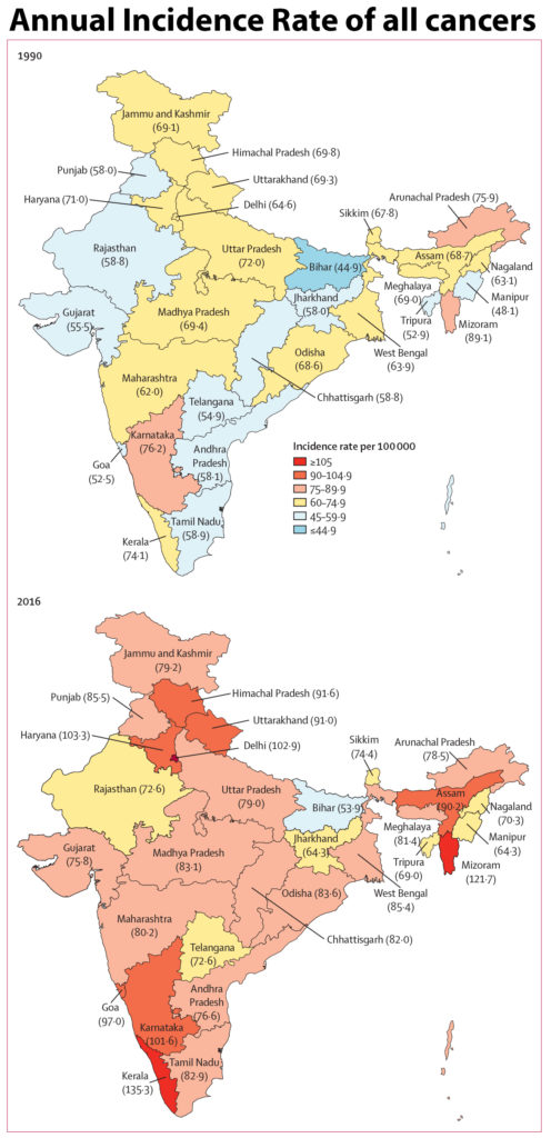 Crude annual incidence rate of all cancers together in the states of India, 1990 and 2016 The states of Chhattisgarh, Jharkhand, Telangana, and Uttarakhand did not exist in 1990, as they were created from existing larger states in 2000 or later. Data for these four new states were disaggregated from their parent states based on their current district composition. These states are shown in the 1990 map for comparison with 2016.