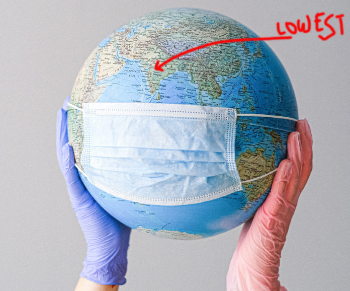 Hands holding globe with mask